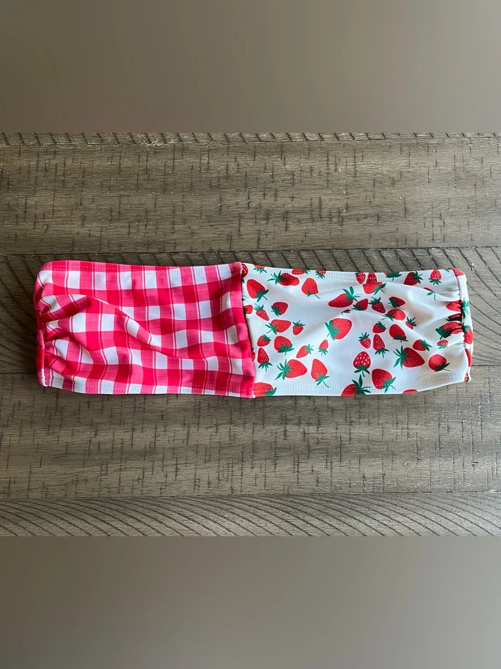 Nasty Gal Strawberry Gingham Mix Bikini Bandeau Top High-Waist Bottoms Size 6